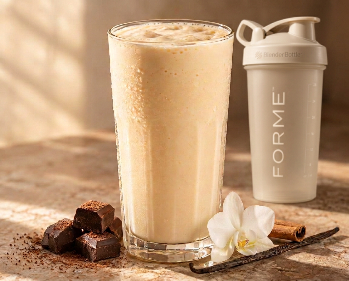 A creamy vanilla protein shake in a tall glass, warm morning light