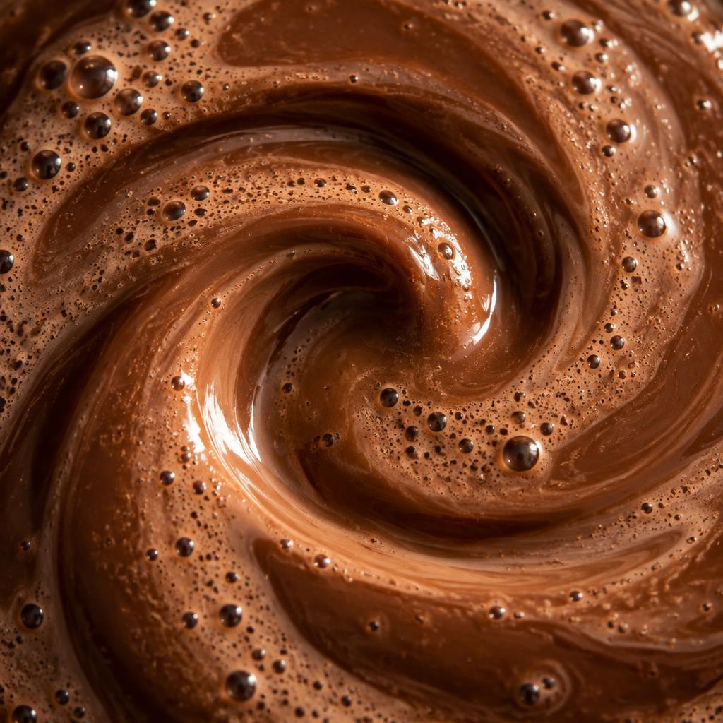 Macro of a rich chocolate protein shake swirl