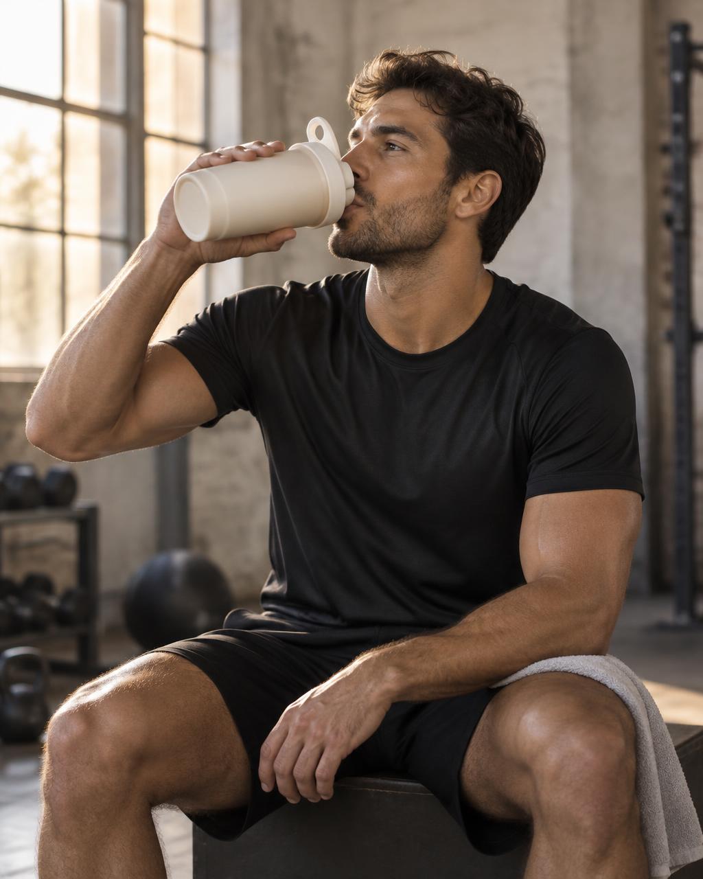 An athlete drinking from a shaker bottle after a session