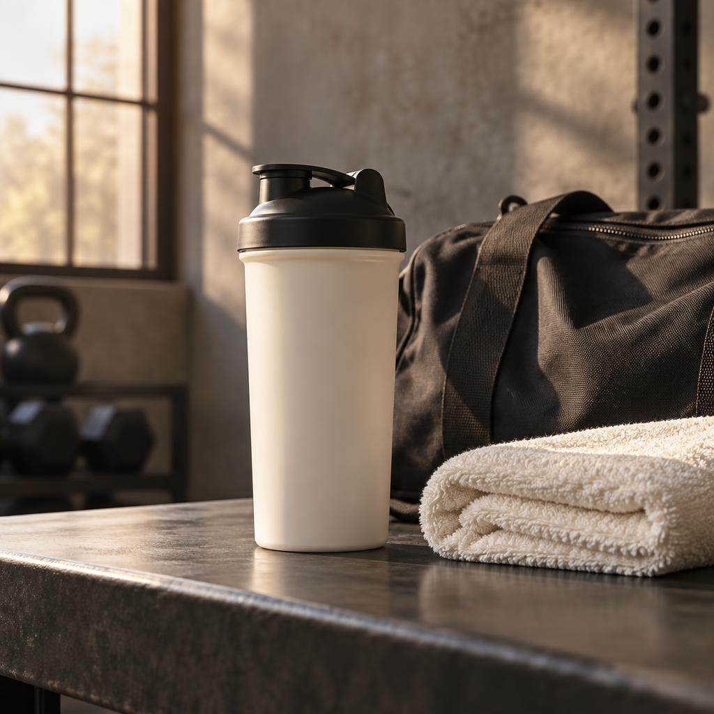 A shaker bottle, folded towel and gym bag in morning light
